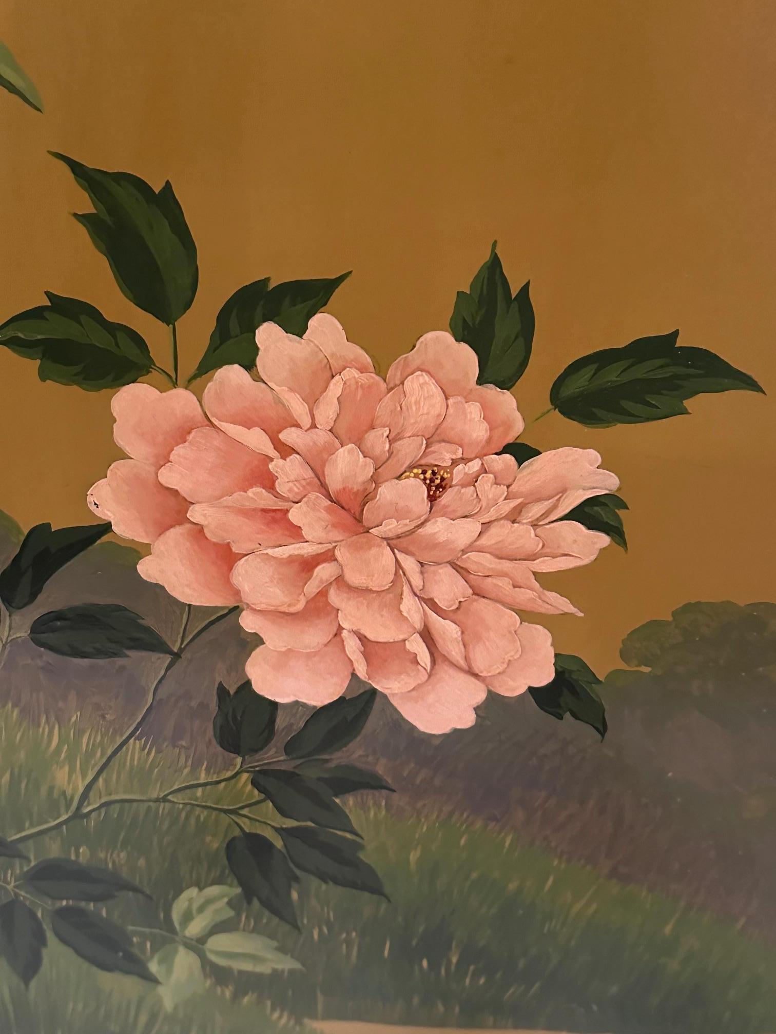 Early 20th Century Beautiful Graduated 3 Panel Hand Painted Screen with Asian Motif For Sale