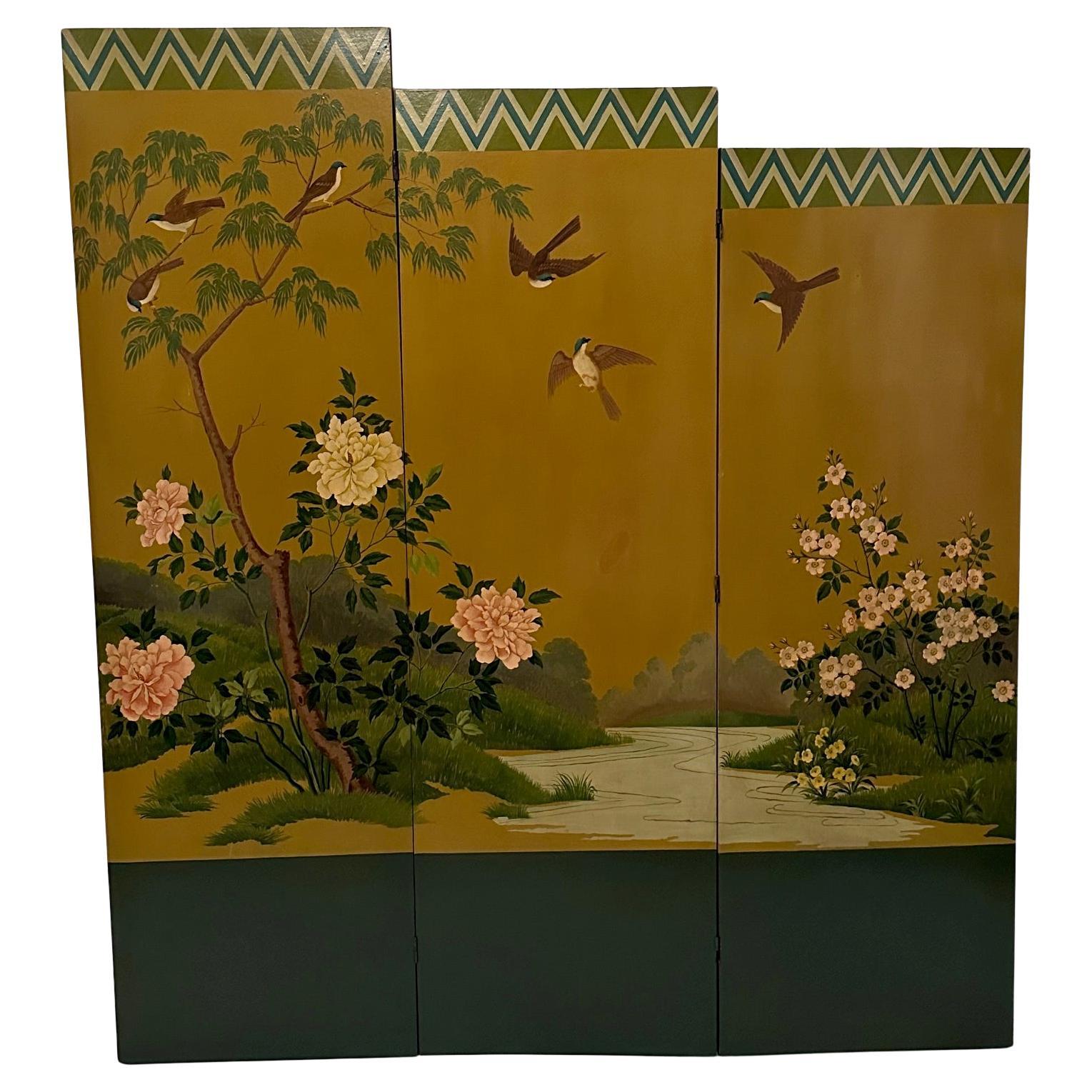 Beautiful Graduated 3 Panel Hand Painted Screen with Asian Motif For Sale