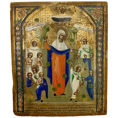 Beautiful Greek Icon with Mother of Christ in Center on Gilded Background