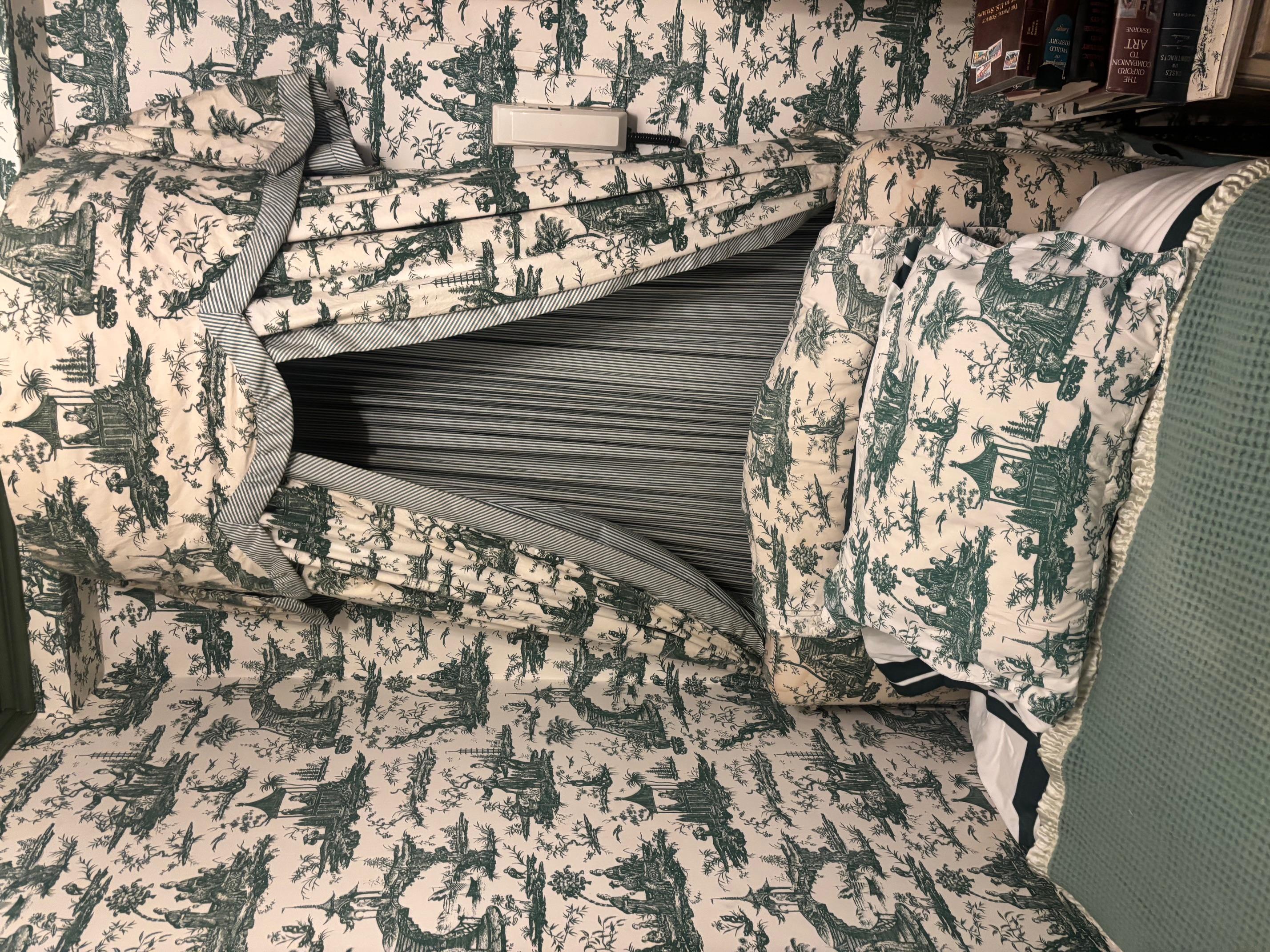 Beautiful canopy and bed skirt attachment. Bed skirt fit for a twin bed (underside ~1 foot tall).
