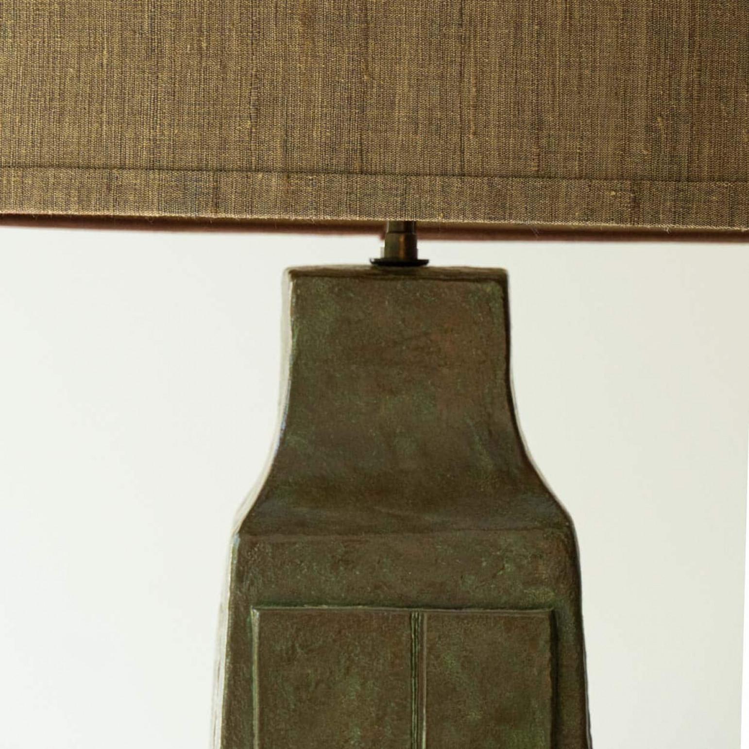 French Beautiful Green Brown Ceramic Table Lamp, New Lampshade by R. Houben, 1970 For Sale