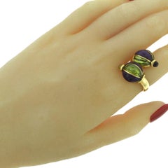 Beautiful Green Garnet and Amethyst Dome Swirl Cocktail Yellow Gold Ring