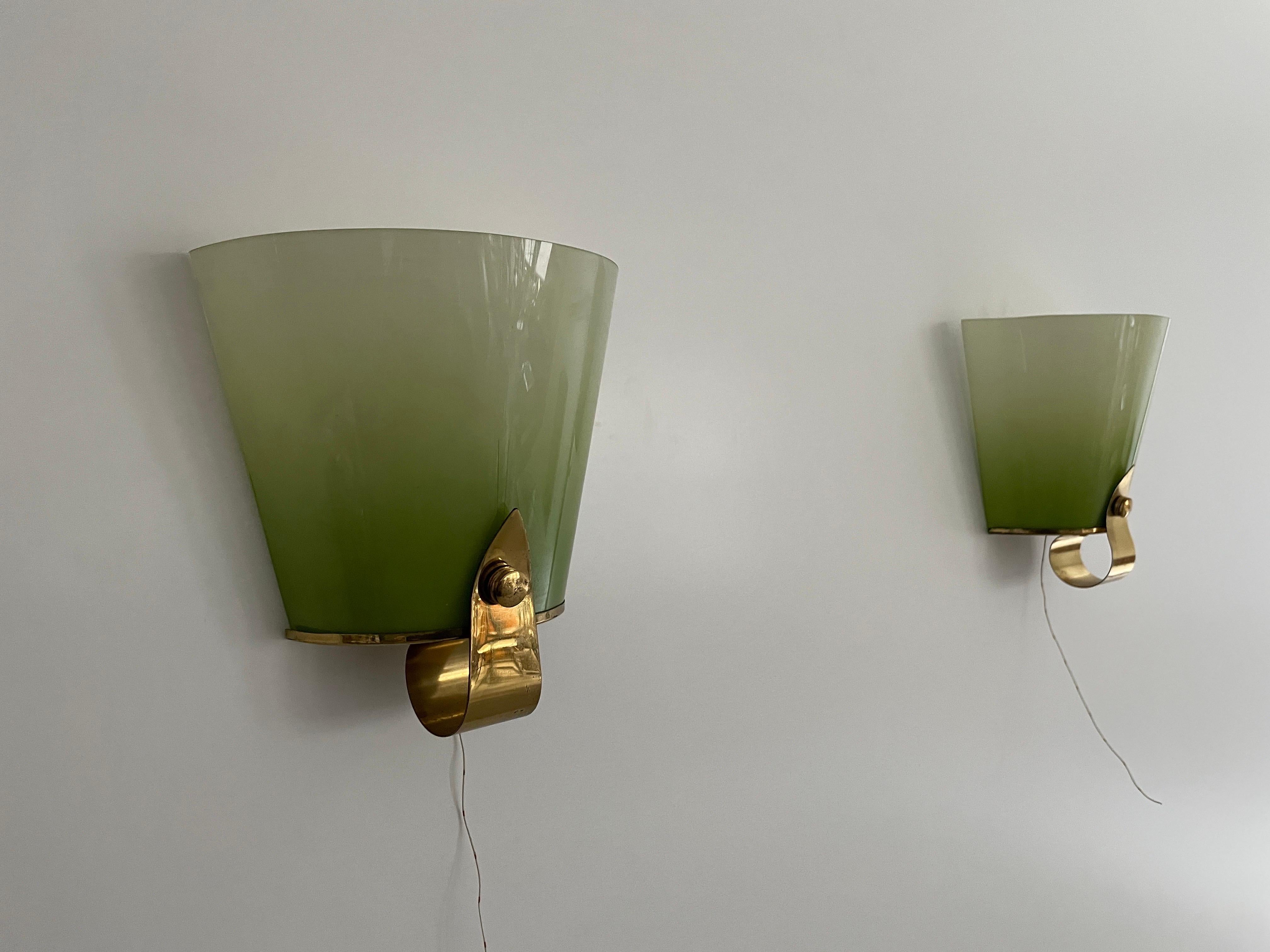 Mid-Century Modern Beautiful Green Glass & Brass Pair of Sconces, 1960s, Germany For Sale