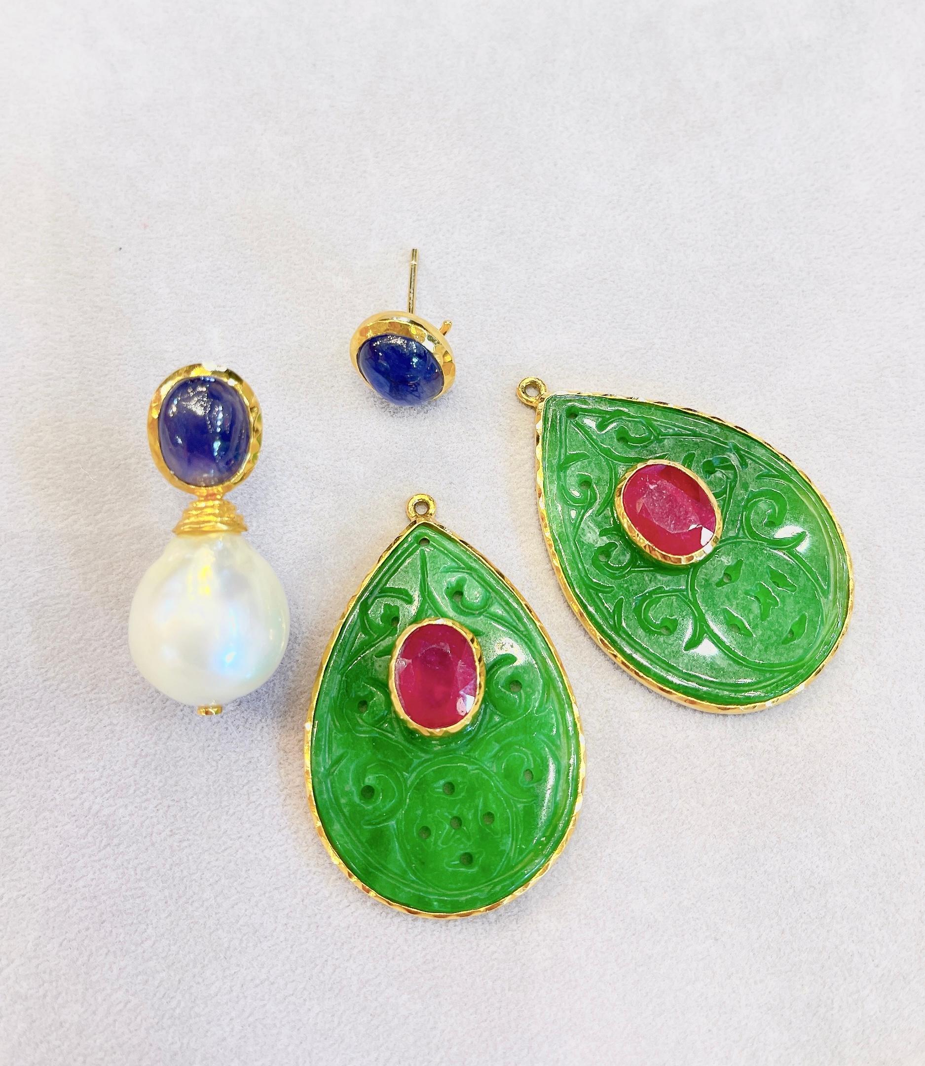 Bochic “Orient” Beautiful Green Jade, Blue Sapphire & Red Ruby Earrings 3