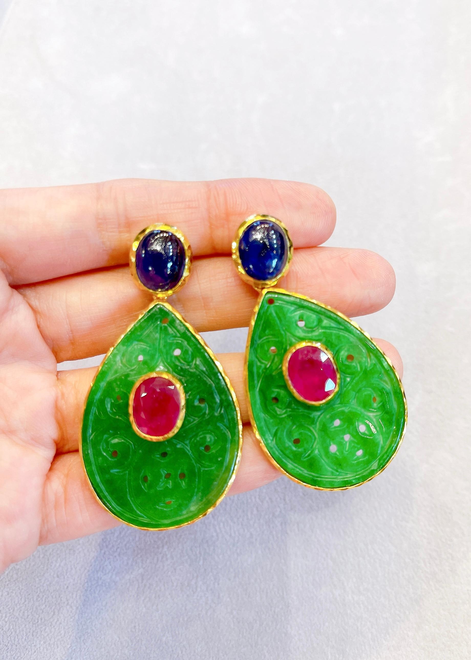 Baroque Revival Bochic “Orient” Beautiful Green Jade, Blue Sapphire & Red Ruby Earrings