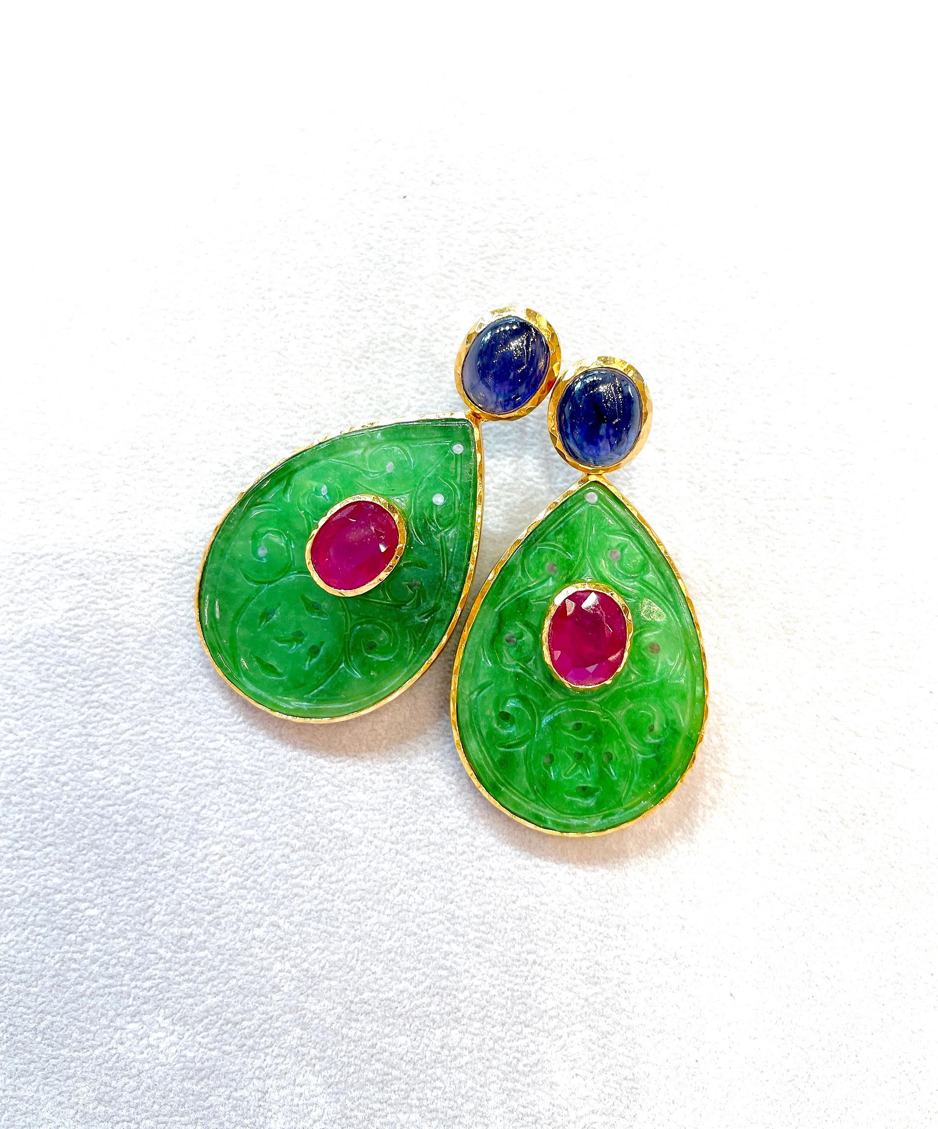 Cabochon Bochic “Orient” Beautiful Green Jade, Blue Sapphire & Red Ruby Earrings
