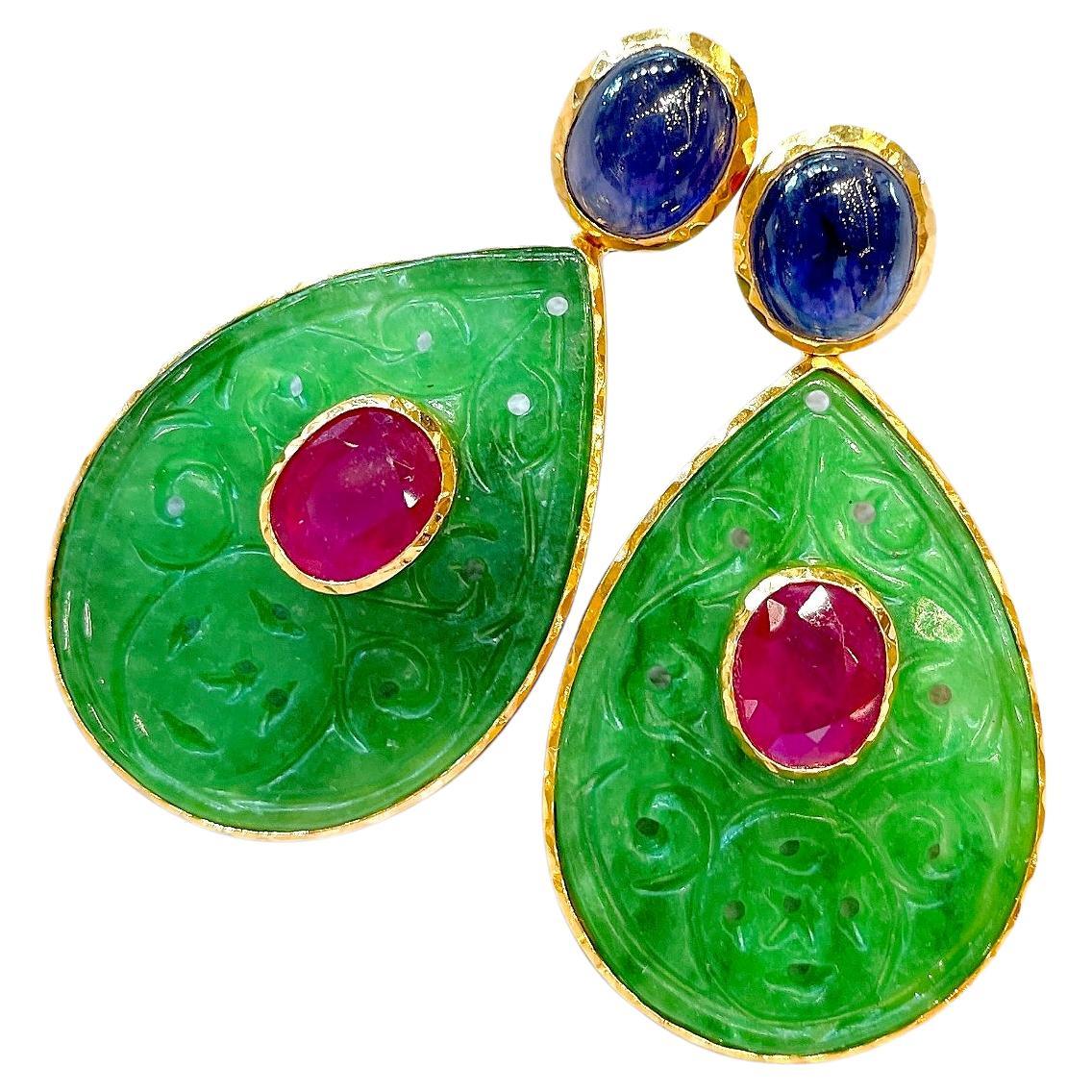 Bochic “Orient” Beautiful Green Jade, Blue Sapphire & Red Ruby Earrings