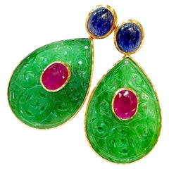 Bochic “Orient” Beautiful Green Jade, Blue Sapphire & Red Ruby Earrings