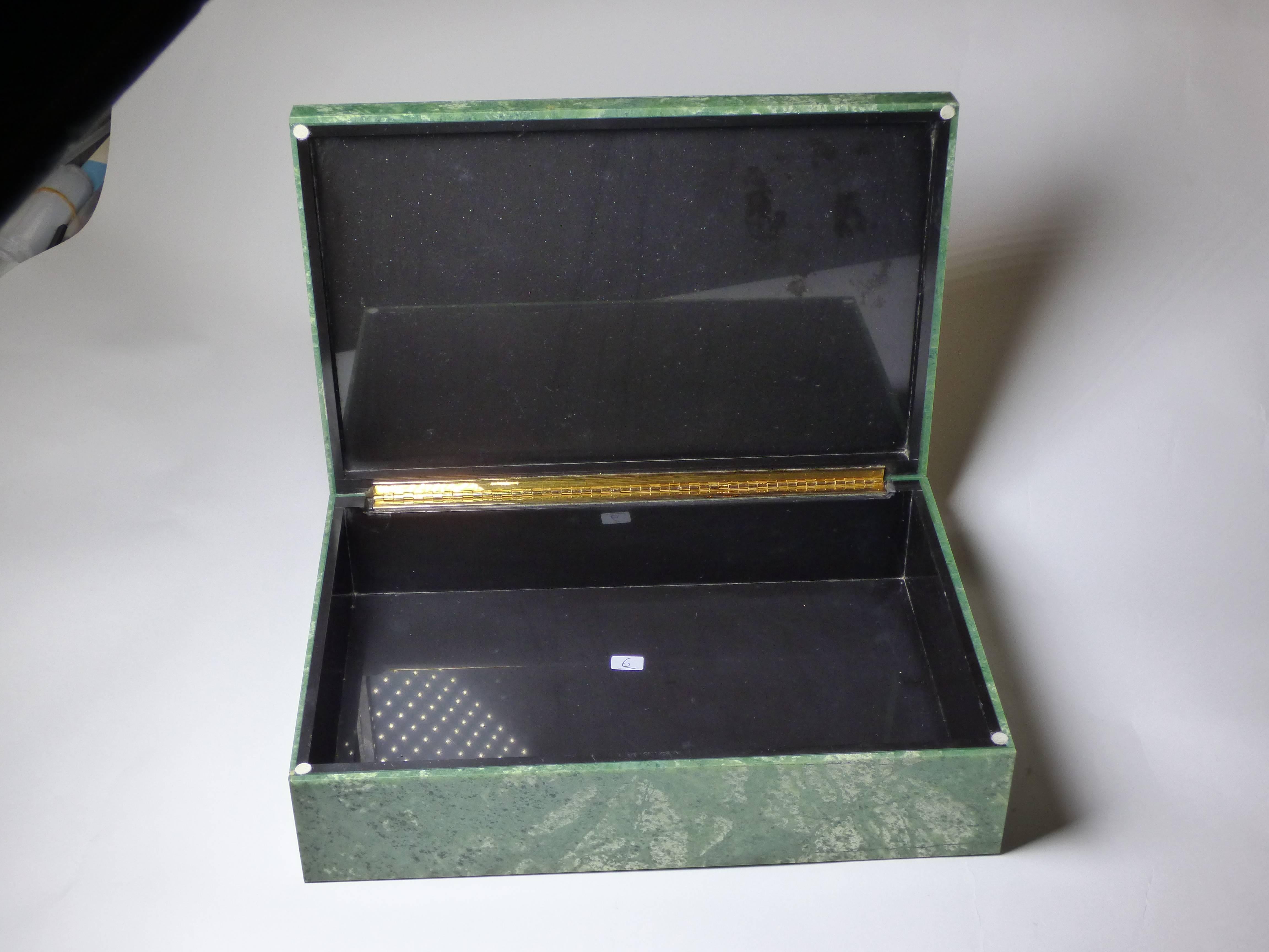 An elegant green Jade box produced in Italy for Studio Superego with mosaic structure. Unique piece. Original label.