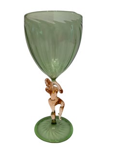 Beautiful Green Stemware Glass, Nude Lady Stem, Bimini Art Glass Vintage Austria