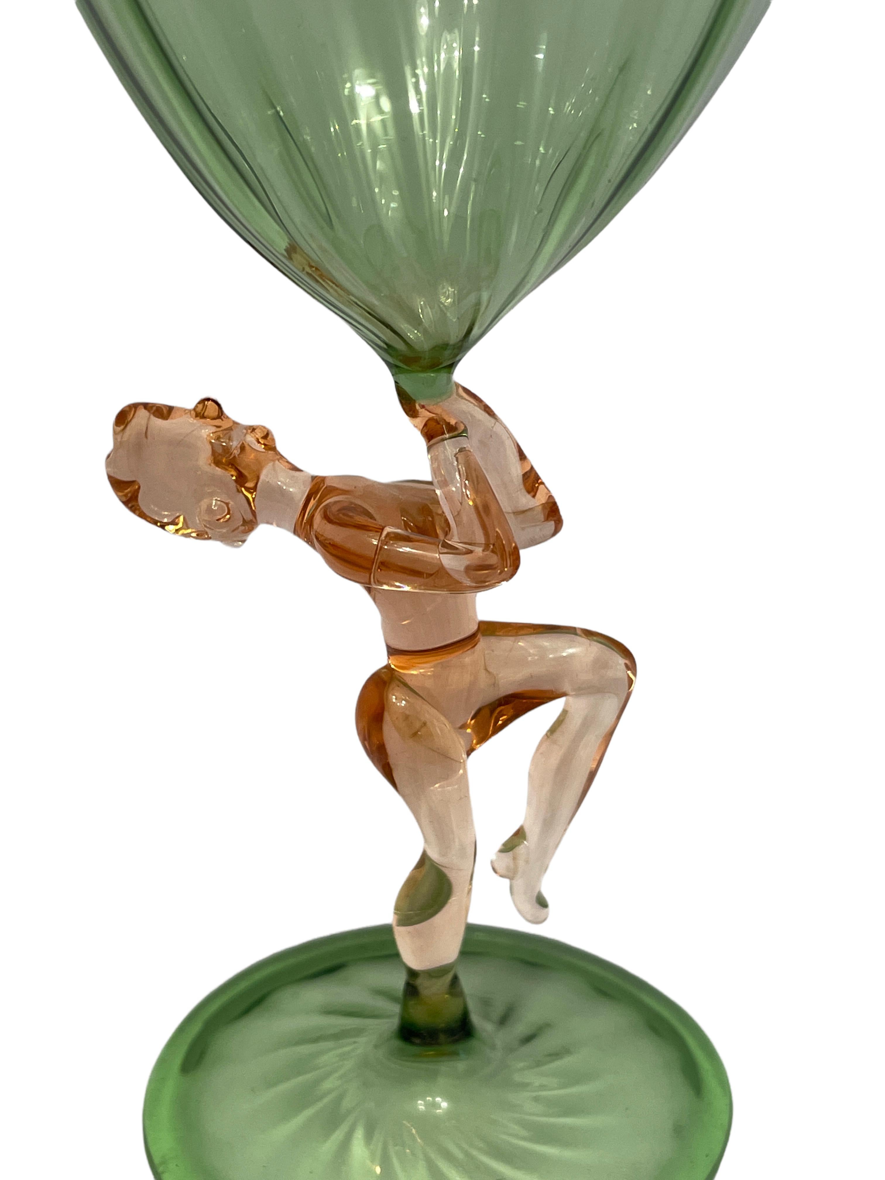 Art Deco Beautiful Green Stemware Glass, Nude Lady Stem, Bimini Art Glass Vintage Austria For Sale
