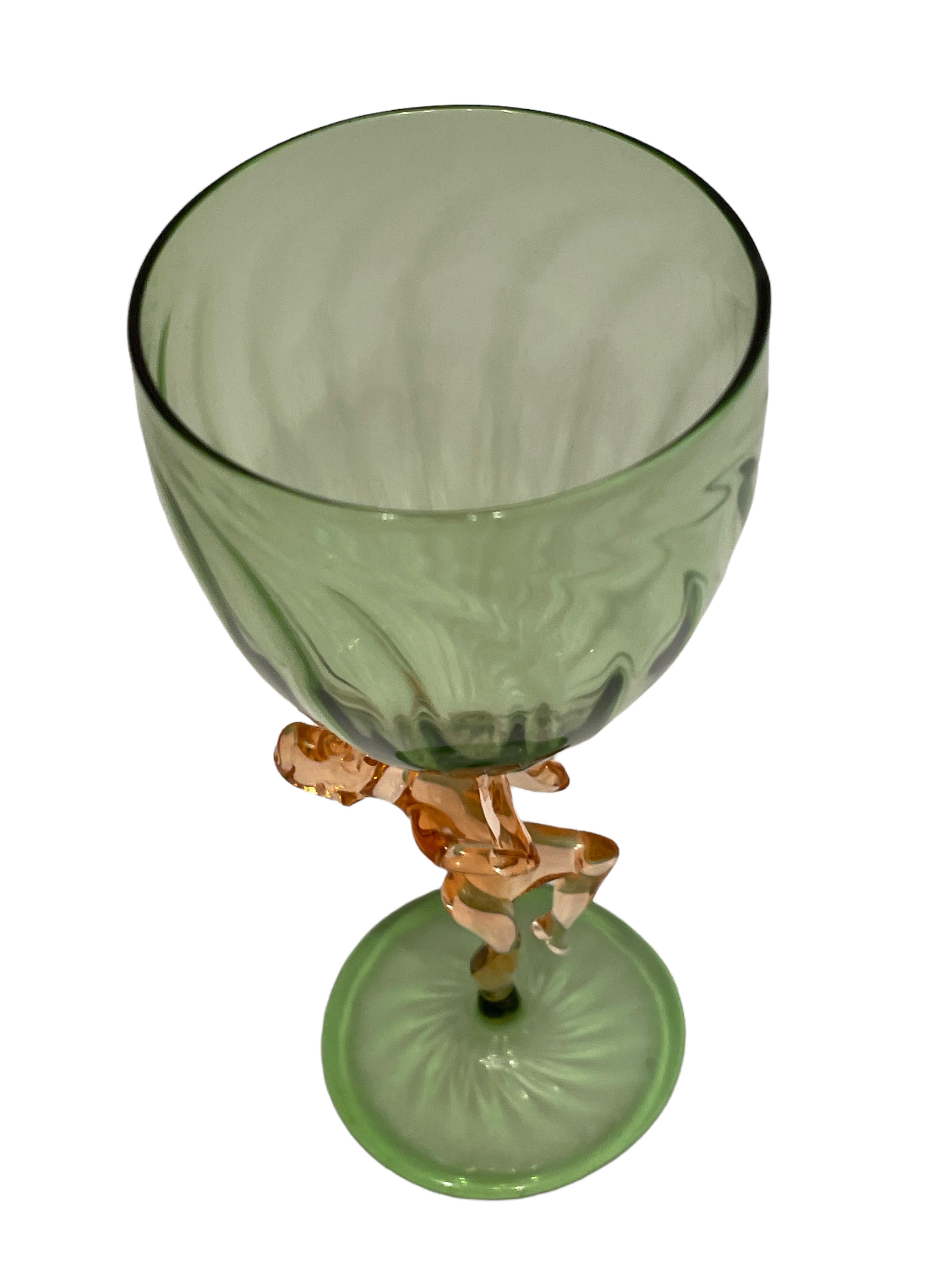 German Beautiful Green Stemware Glass, Nude Lady Stem, Bimini Art Glass Vintage Austria For Sale