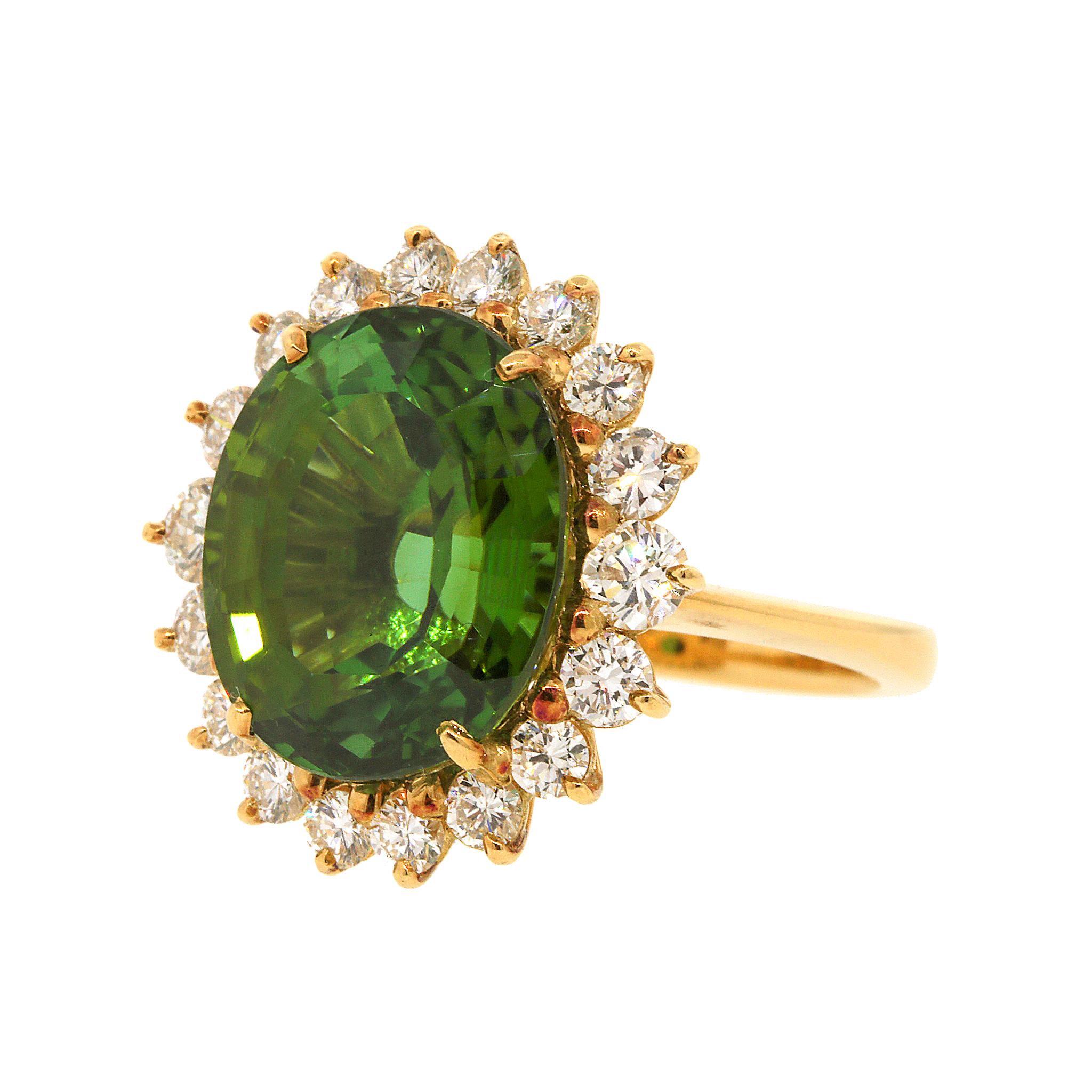Oval Cut Beautiful Green Tourmaline and Diamond Ring For Sale