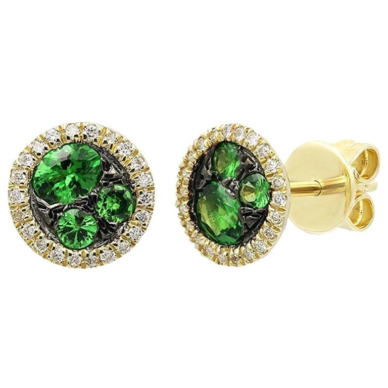 Magnifiques clous d'oreilles en or jaune avec tsavorite verte et diamant en forme de halo