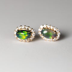 Beautiful Halo Diamond Black Opal Stud Earrings 14K Yellow Gold