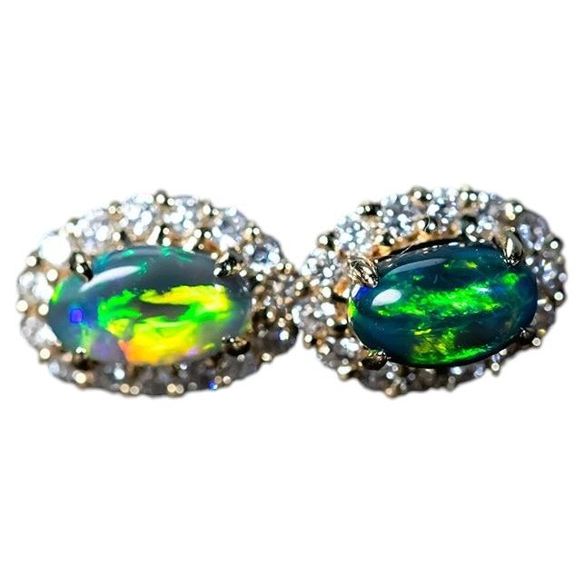 Beautiful Halo Diamond Black Opal Stud Earrings 14K Yellow Gold