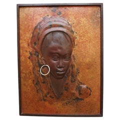 Beautiful Hammered Copper Bas-relief of an African Woman