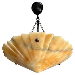 Beautiful Hand Carved Geometrical Art Deco Design Alabaster Pendant, Flush Mount