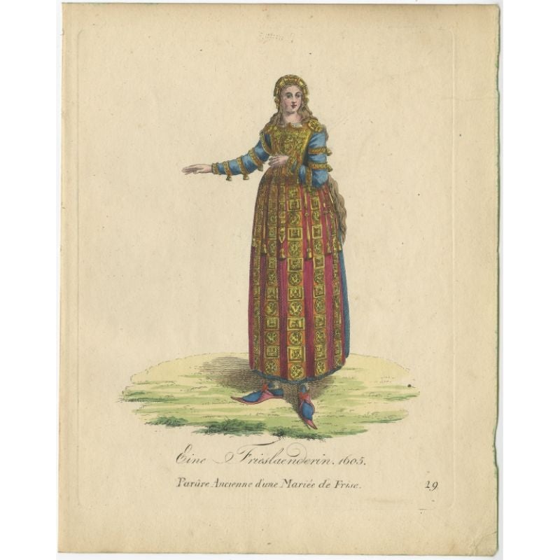 Magnifique gravure colorée à la main d'une femme du Friesland, Pays-Bas, 1805