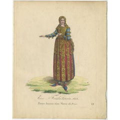 Antique Beautiful Hand-Colored Engraving of a Lady from Friesland, The Netherlands, 1805