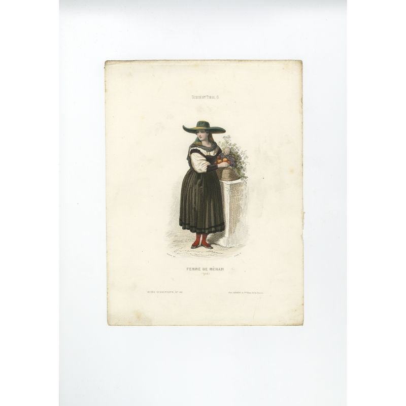 Antique costume print titled 'Femme de Méran'. Old print depicting a female of Meran, Tyrol. This print originates from 'Costumes Moderne (Musée de Costumes). 

Artists and Engravers: Published in Paris: Ancienne Maison Aubert.

Condition: Very