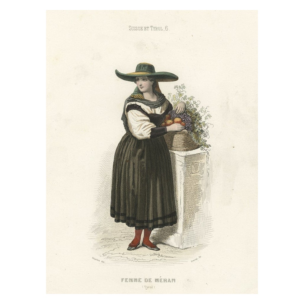 Schöner handkolorierter Druck einer weiblichen Meeresfrau in Italien, 1850