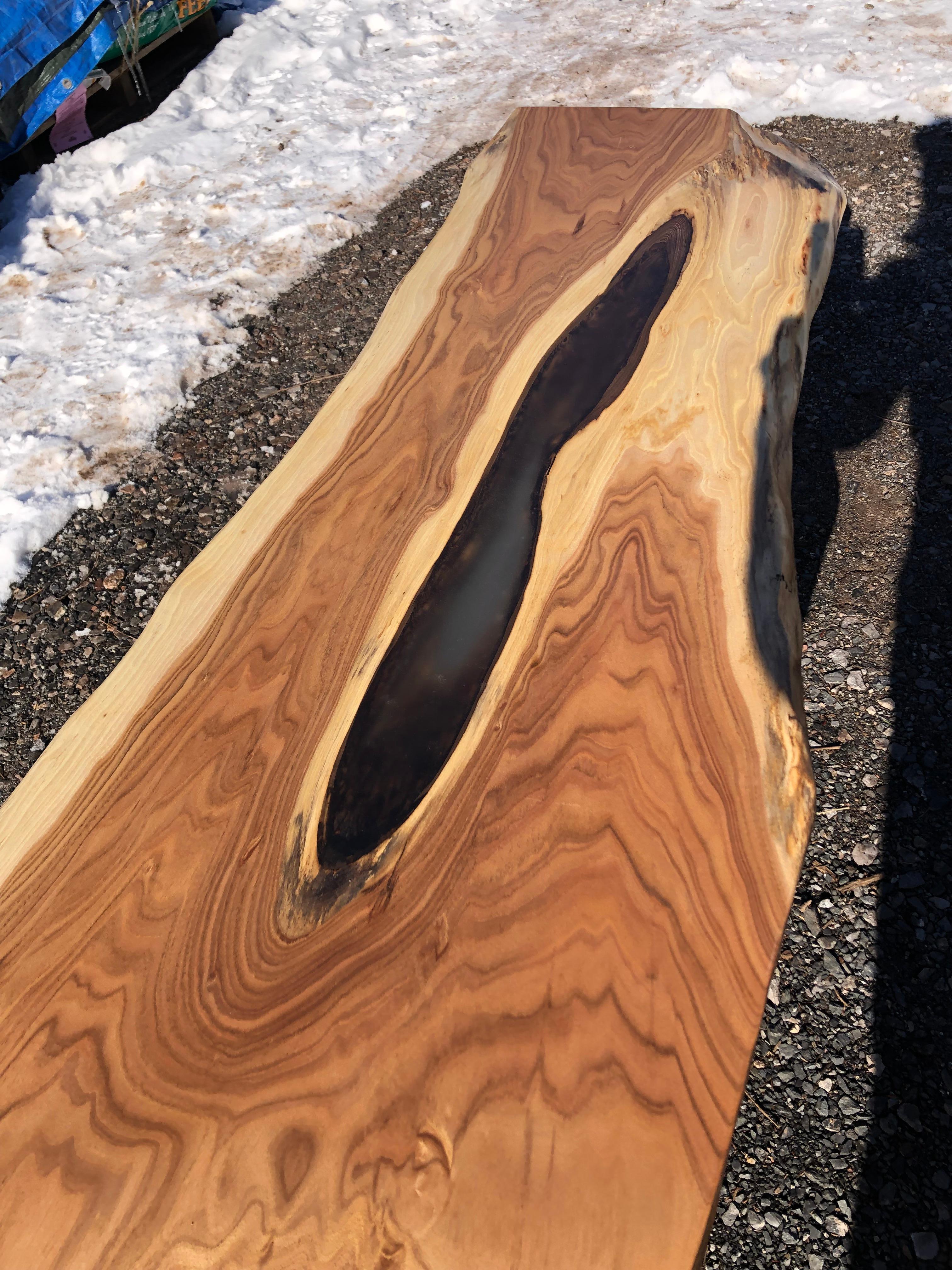 American Beautiful Hand Crafted Butternut & Resin Live Edge Slab Coffee Table For Sale