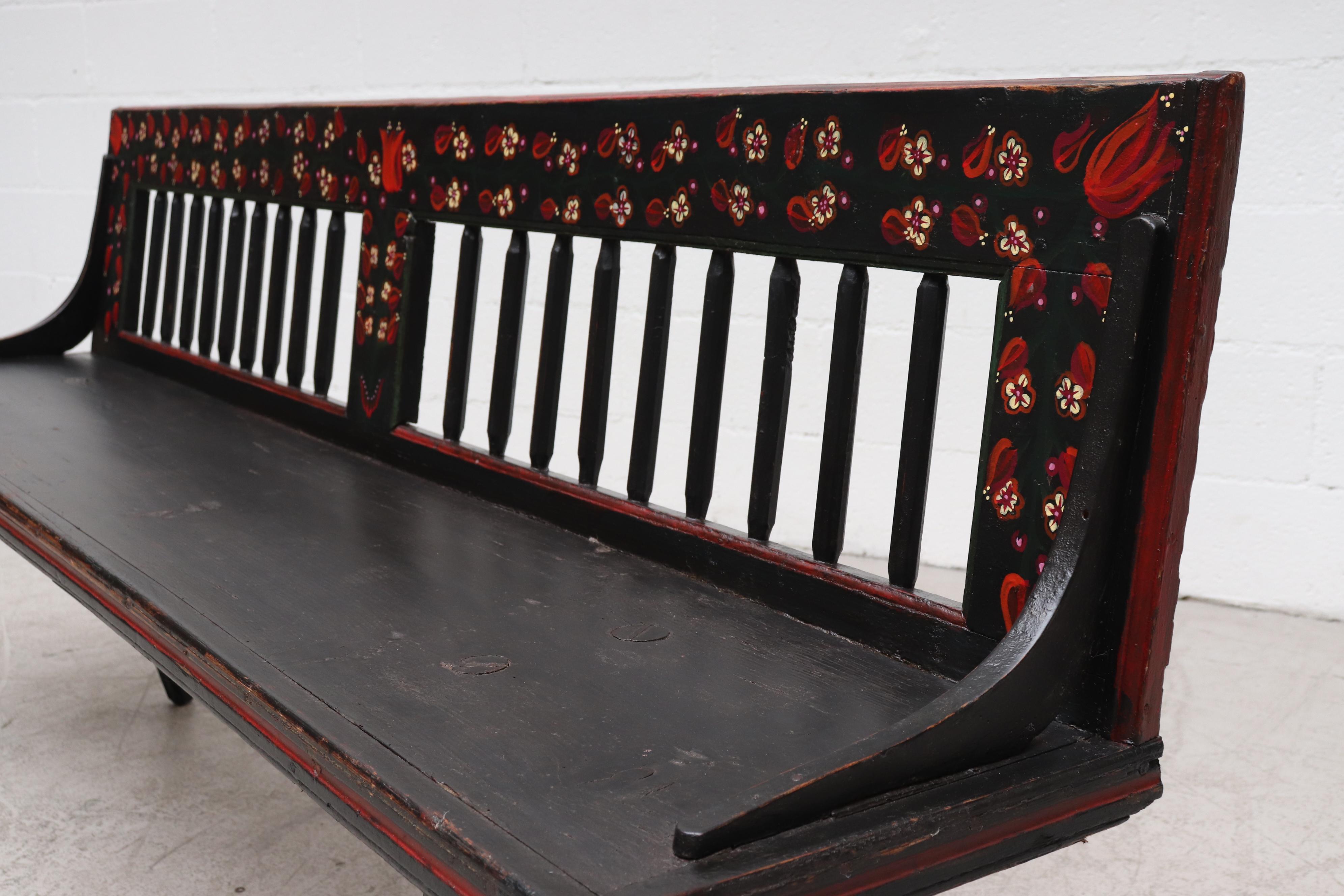 Wood Beautiful Hand Painted Dutch Hindeloopen Spindle Back Bench