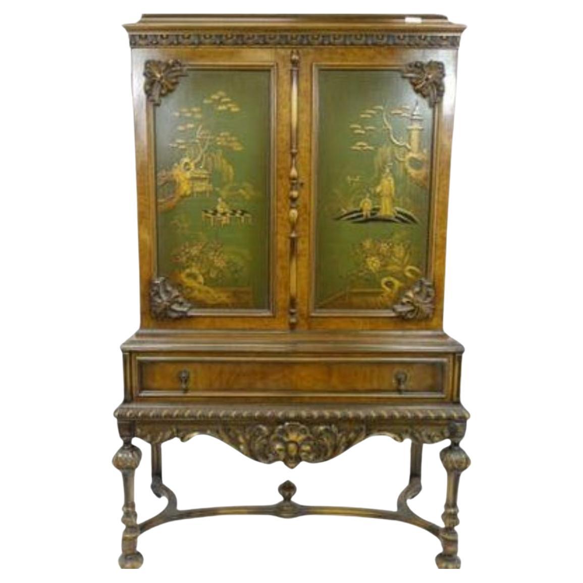 Beautiful Hand-Painted Oriental Design Cabinet With Elaborate Woodwork For Sale