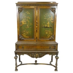 Vintage Beautiful Hand-Painted Oriental Design Cabinet With Elaborate Woodwork