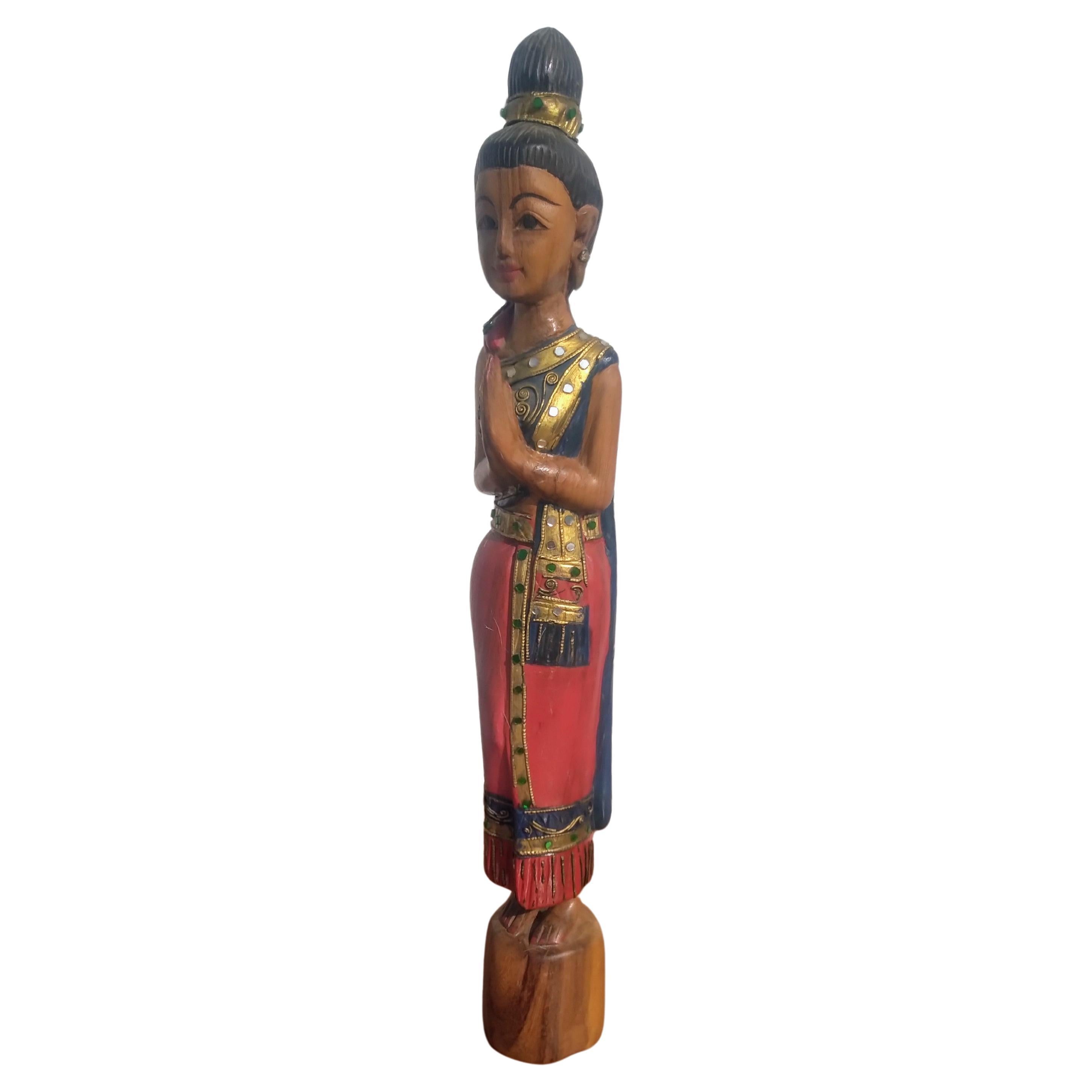 Beautiful Hand Painted Thai Woman Wooden Sculpture For Sale