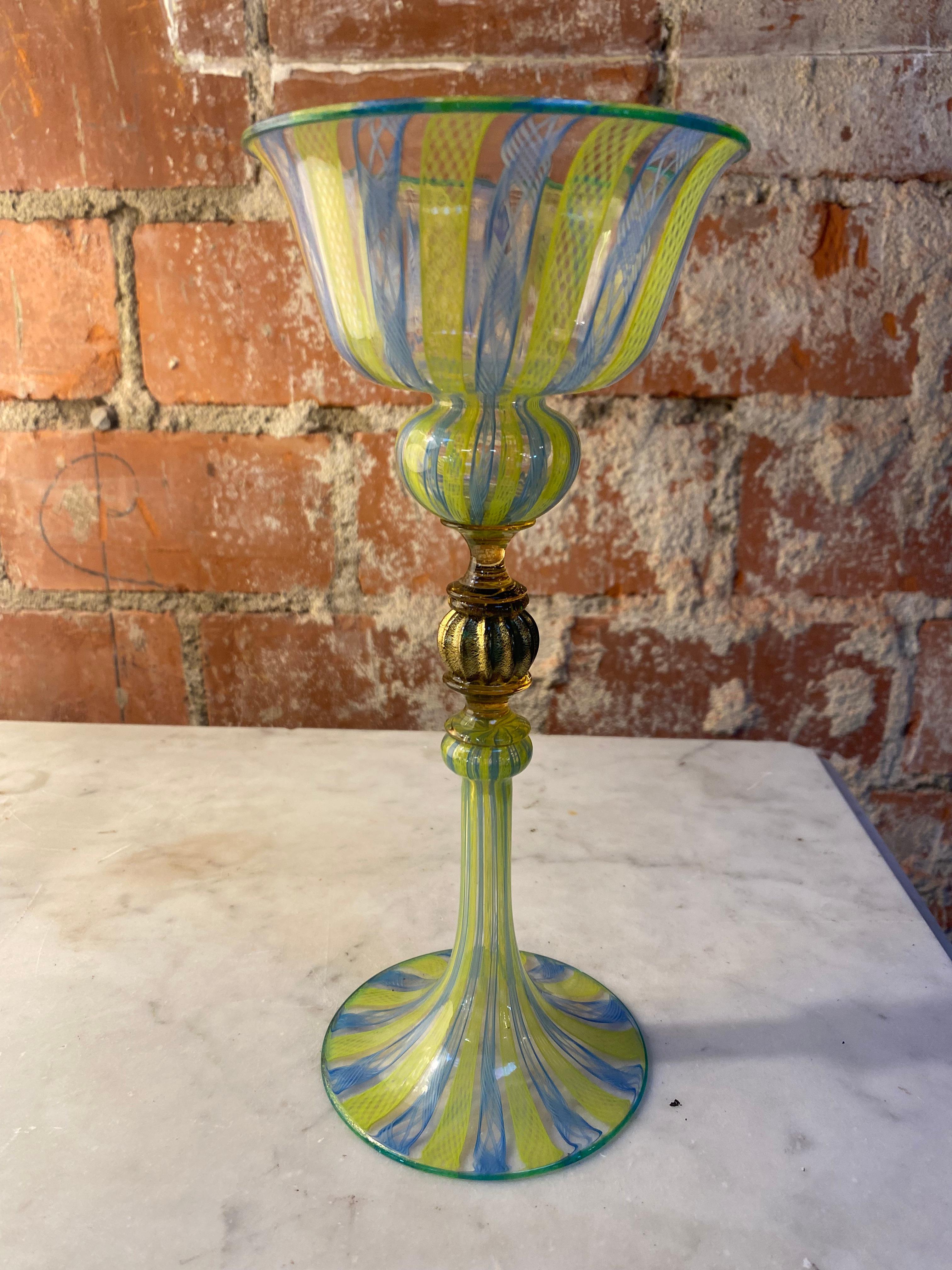 Italian handcrafted chalice in blown Murano glass. This elegant chalice is rich in lovely details that add harmoniously to its grace.