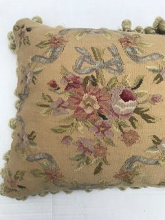Beautiful Handmade Aubusson Pillow in Gold w/Pink Roses Blue Bows and Tassels