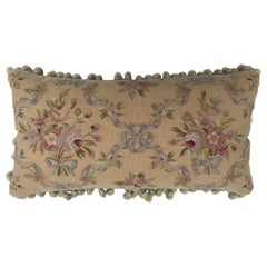 Beautiful Handmade Aubusson Pillow in Gold w/Pink Roses Blue Bows and Tassels