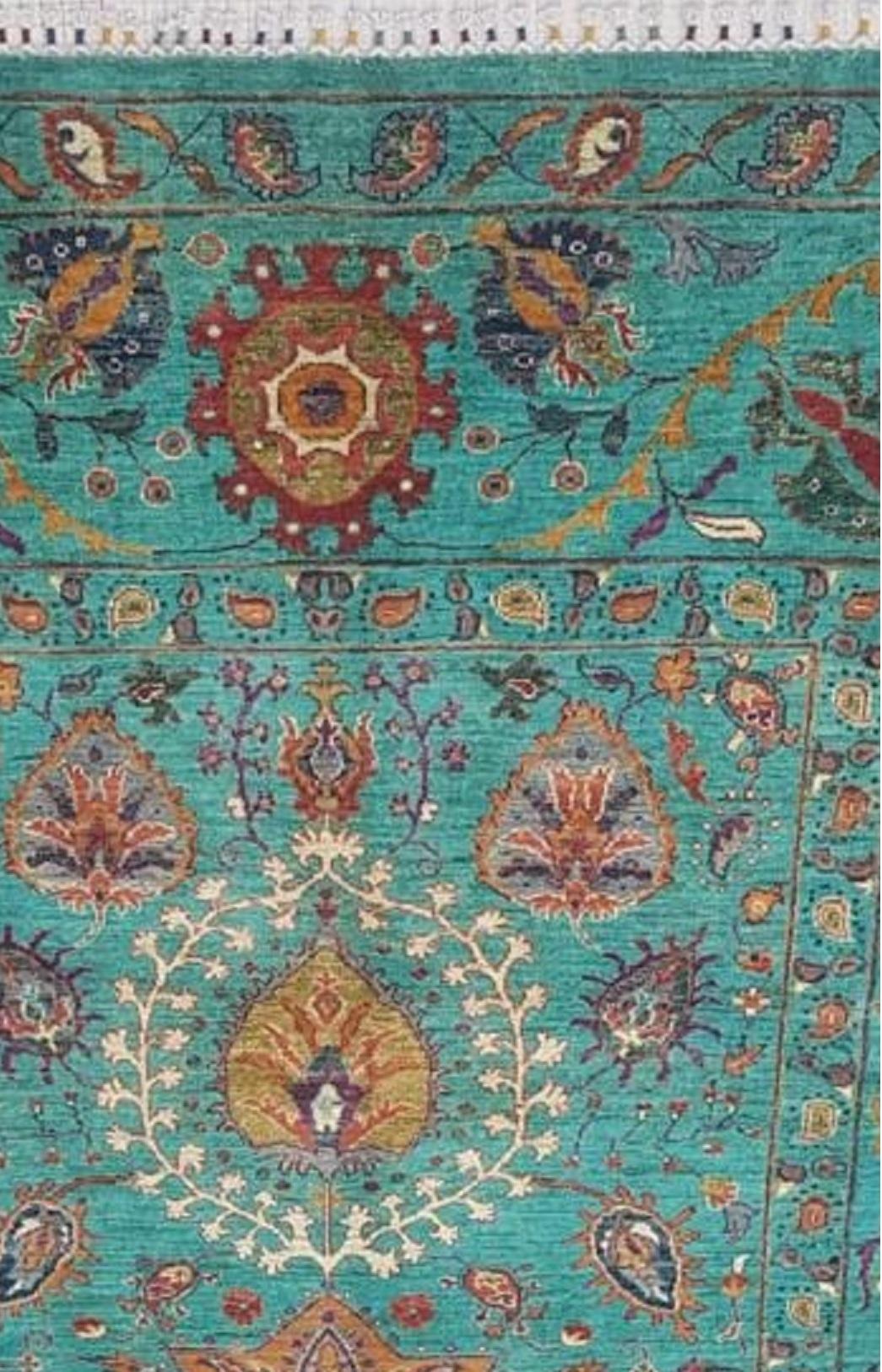 Afghan Beautiful Handmade Hand Knotted Green Wool Rug For Sale