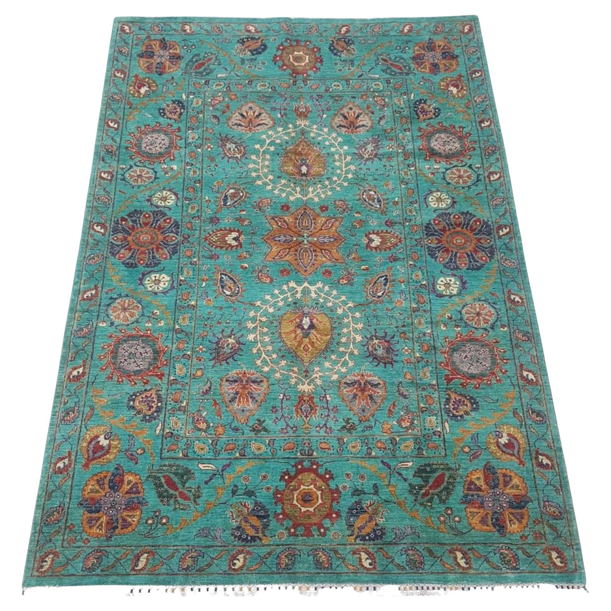 Beautiful Handmade Hand Knotted Green Wool Rug For Sale