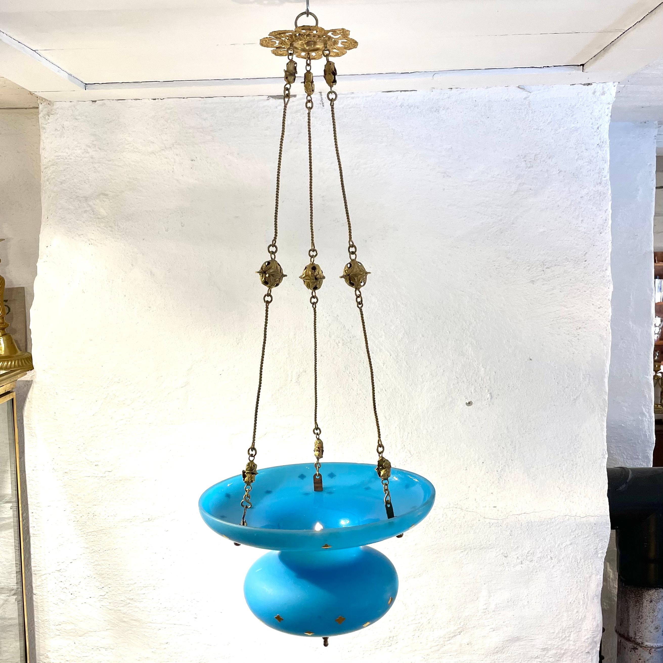 Mid-19th Century Beautiful Hanging Chandelier for a Candle in Opaline Glass from the 1840s