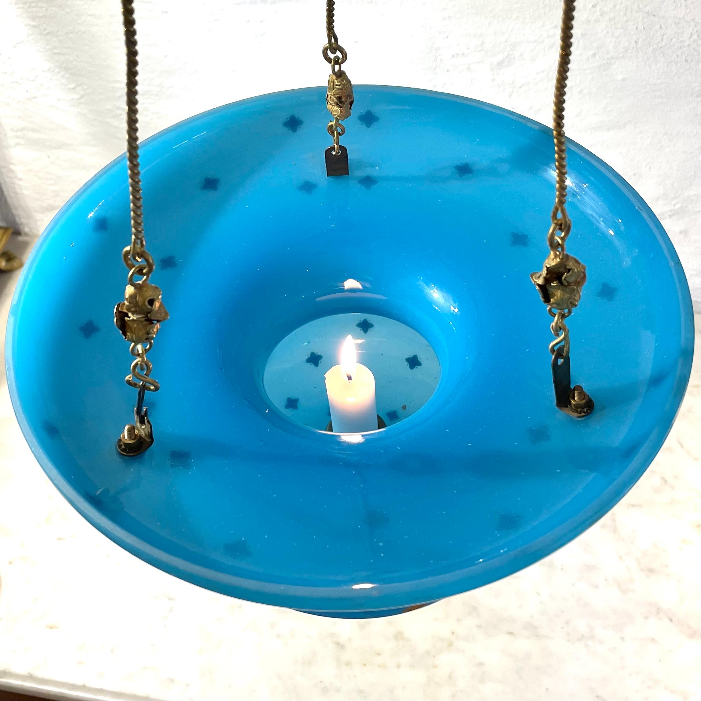 Brass Beautiful Hanging Chandelier for a Candle in Opaline Glass from the 1840s