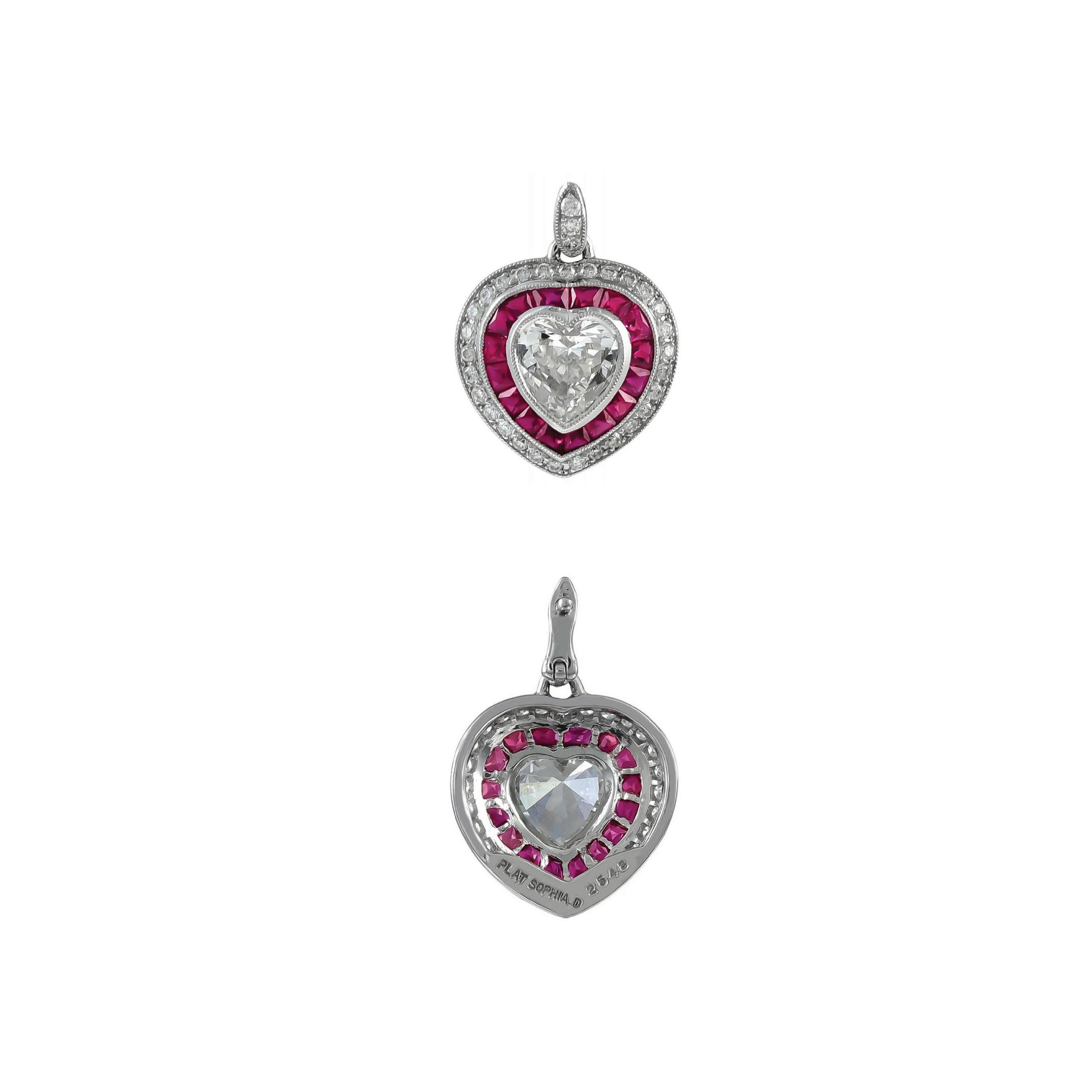 Heart Cut Sophia D. Heart Shaped Platinum Pendant with Rubies and Diamonds For Sale