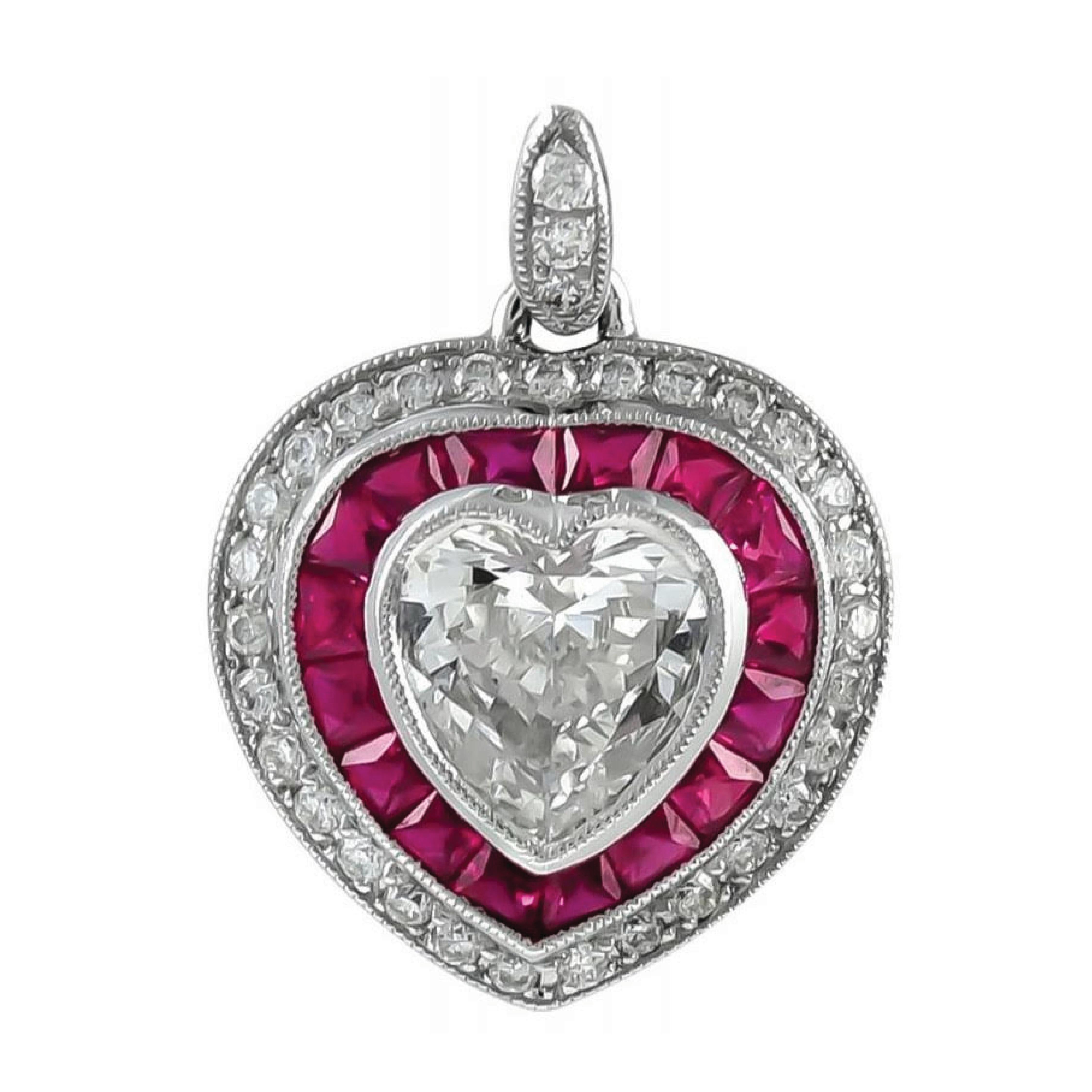 Sophia D. Heart Shaped Platinum Pendant with Rubies and Diamonds In New Condition For Sale In New York, NY