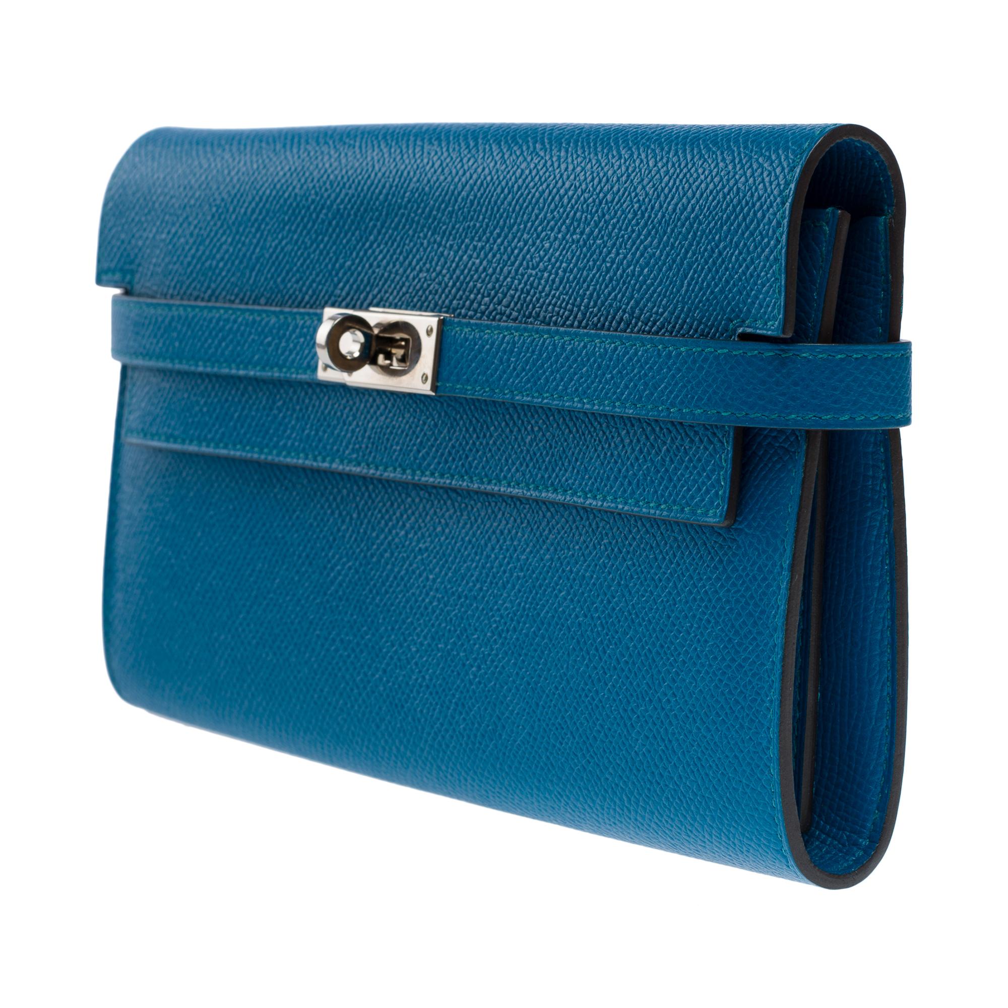 Beautiful Hermès Kelly Wallet in Bleu Canard Epsom calf leather , SHW In Excellent Condition In Paris, IDF