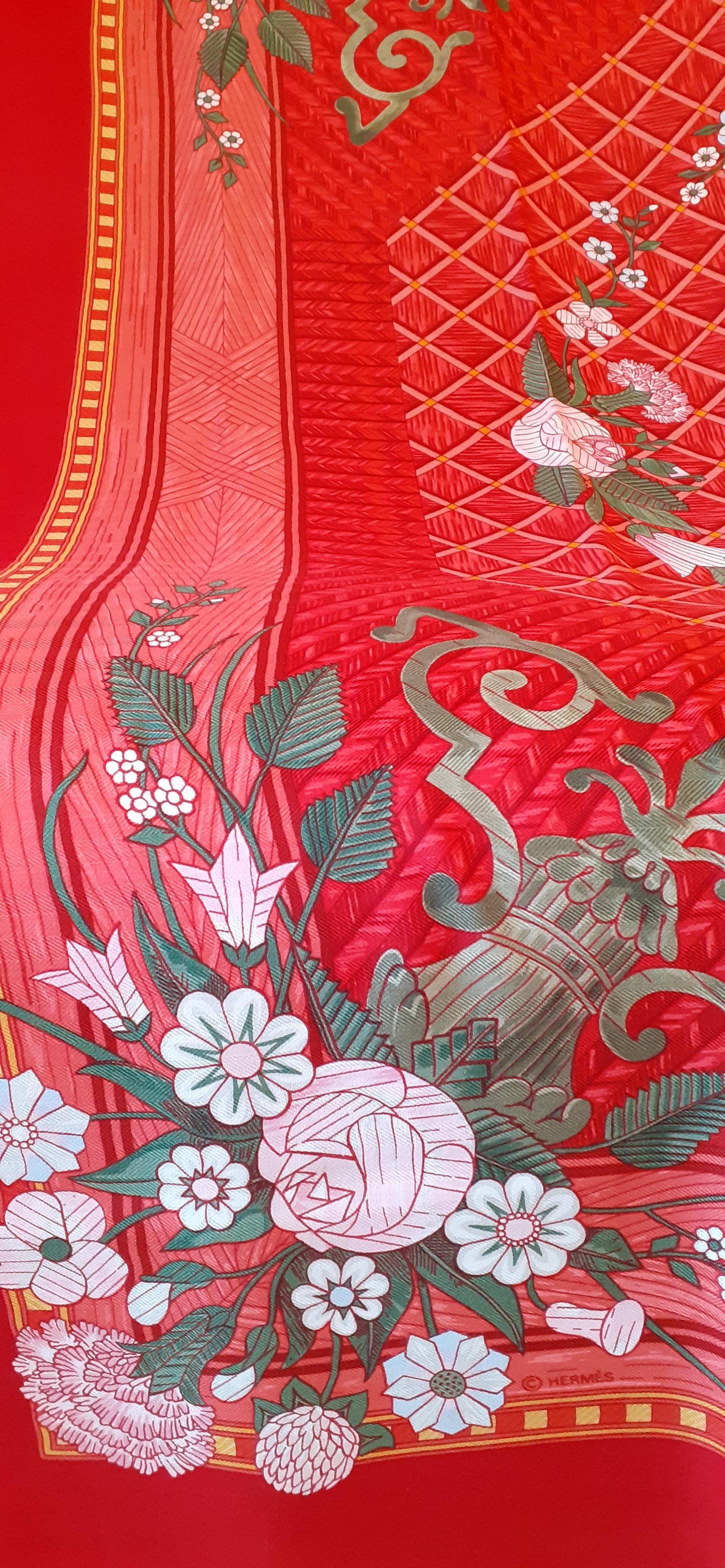 Beautiful Hermès Shawl Jeux de Paille Birds Cashmere and Silk Red 138 cm For Sale 4