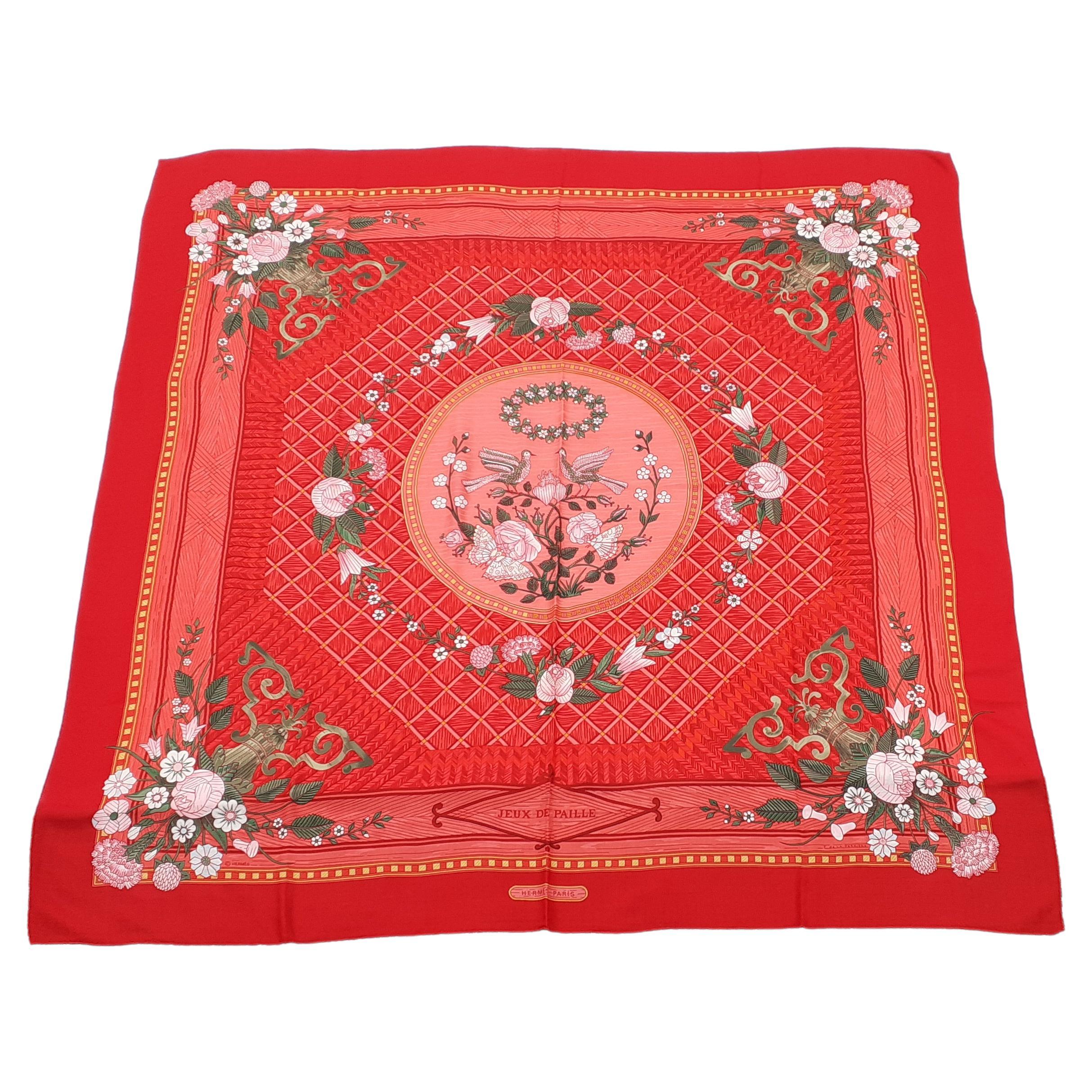Beautiful Hermès Shawl Jeux de Paille Birds Cashmere and Silk Red 138 cm For Sale