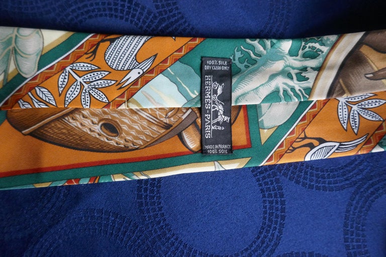 Men's Beautiful Hermes Silk Tie, Colourful Birds Parrots in the Jungle , Hermes Orange For Sale