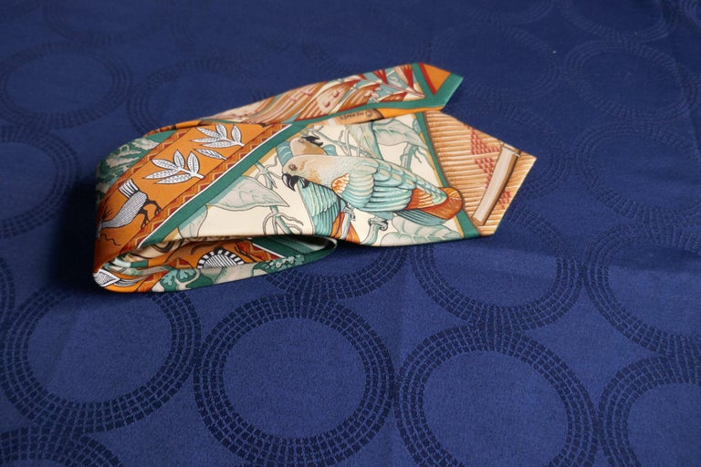 Beautiful Hermes Silk Tie, Colourful Birds Parrots in the Jungle , Hermes Orange For Sale 3