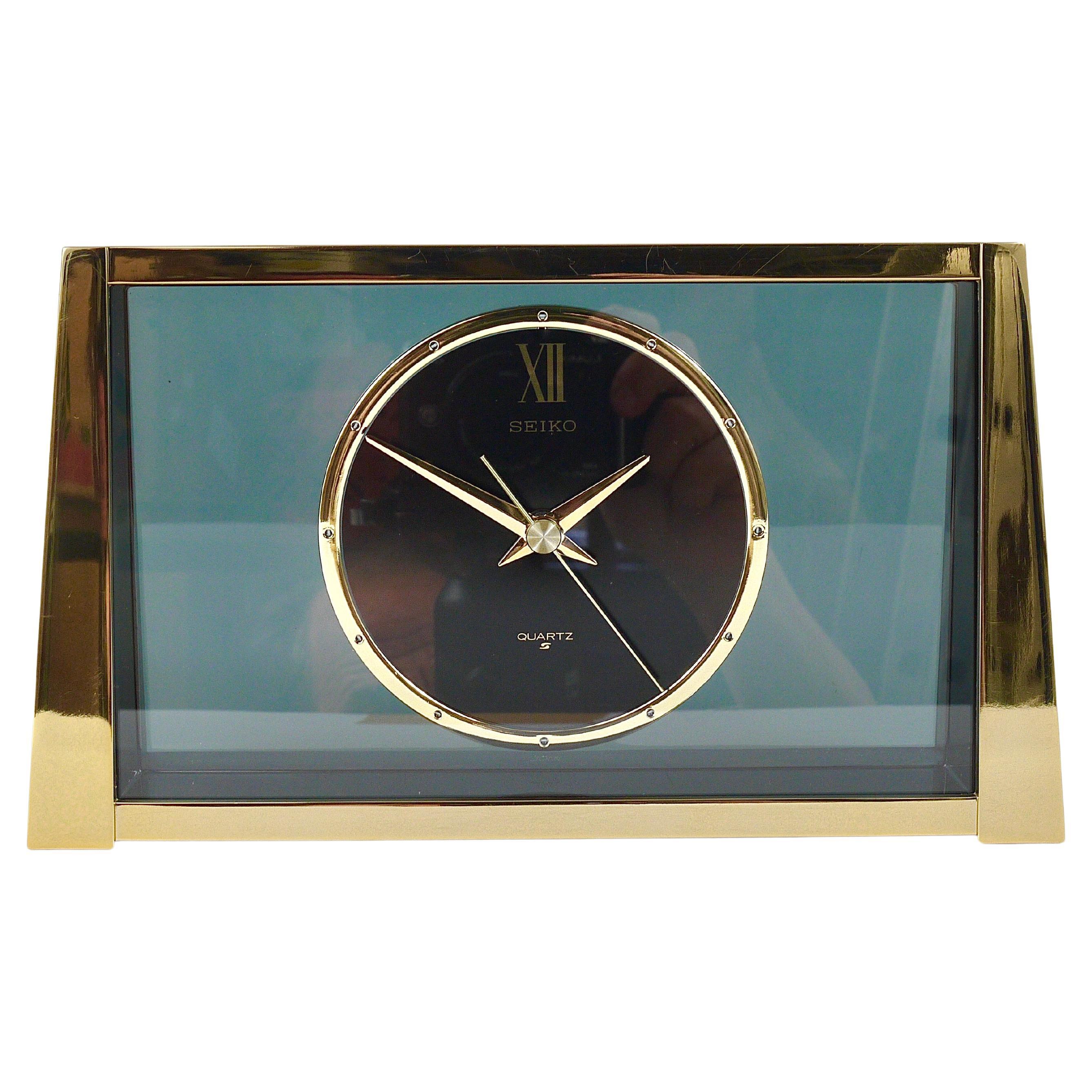 Beautiful Hollywood Regency Brass "See-Through" Table Clock, Seiko, 1980s For Sale