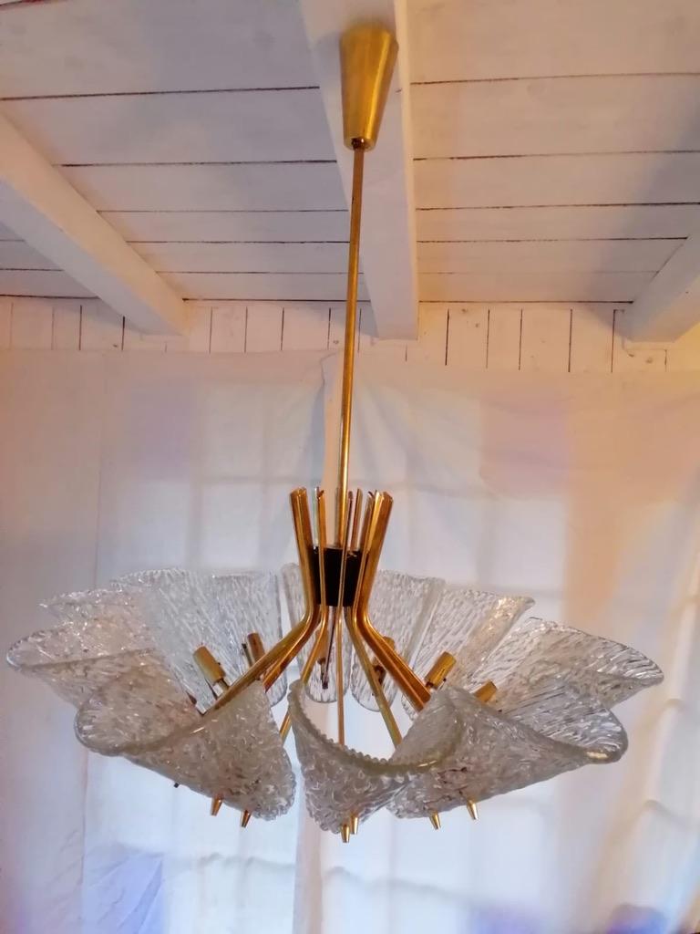Austrian Beautiful Huge Chandelier with Textured Glass by J. T. Kalmar For Sale