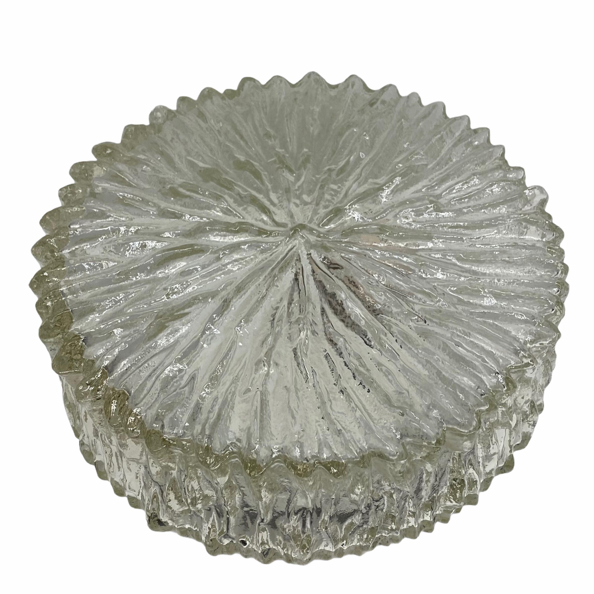 Mid-20th Century Beautiful Ice Glass Flush Mount Light Hillebrand Leuchten, Vintage German, 1960s For Sale
