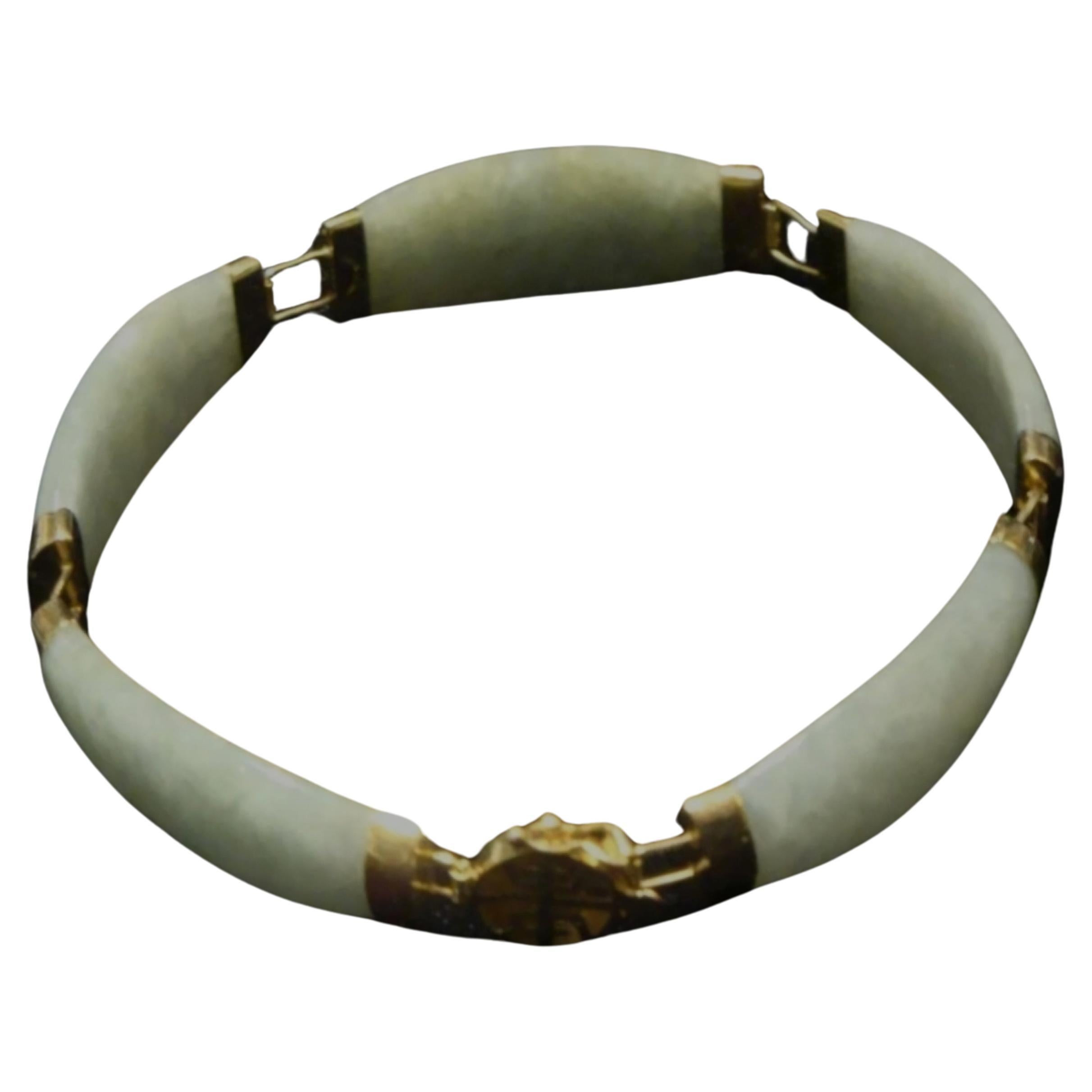 Beautiful Important Estate Natural Hong Kong Green Jade 14KT Gold Bracelet