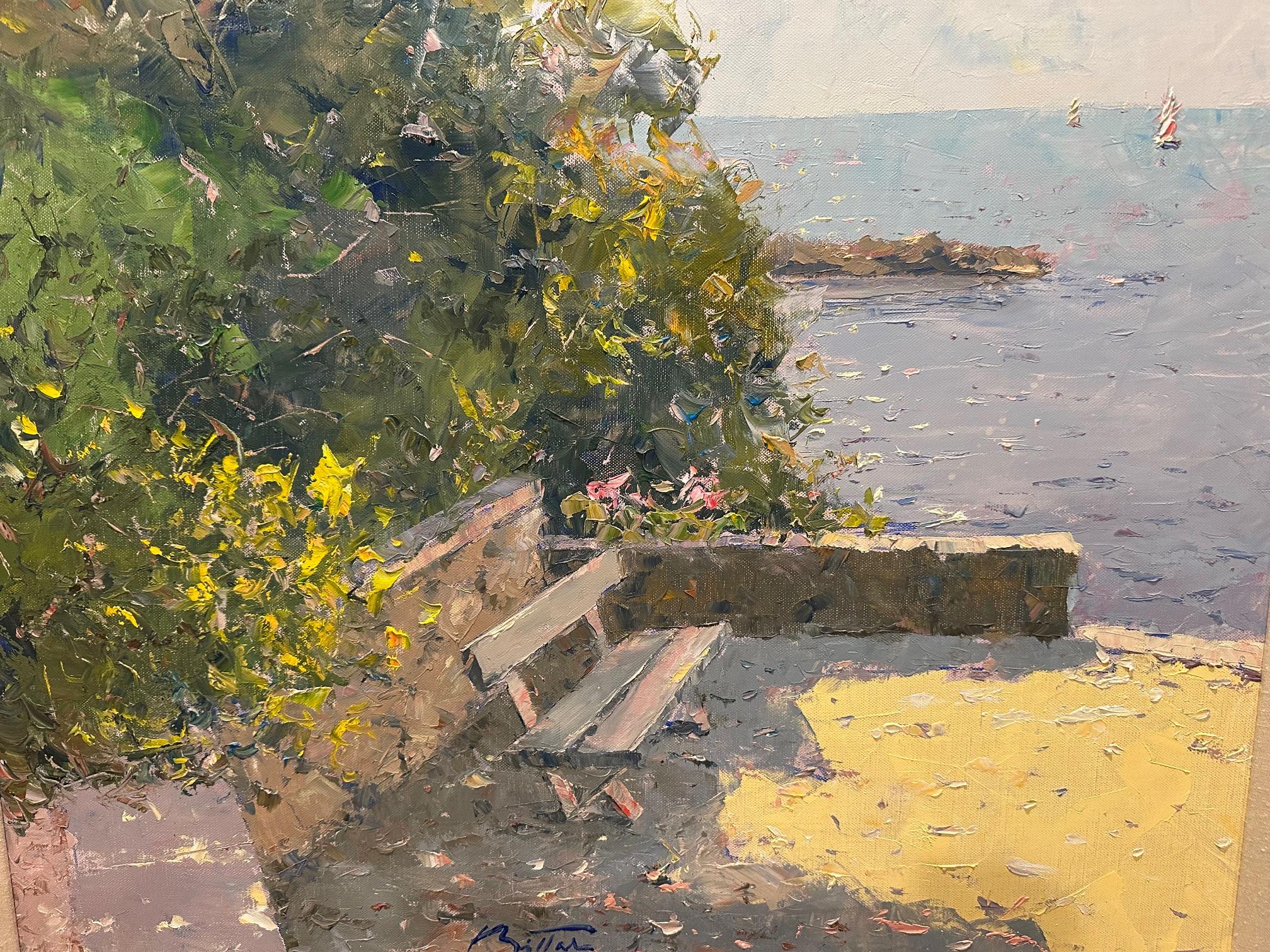 Magnifique peinture impressionniste originale d'un banc au bord de la mer par Pierre Bittar en vente 5